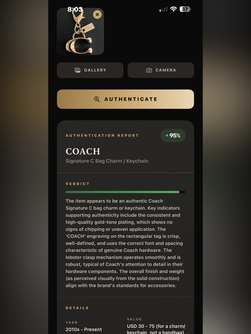 Coach Gold 'C' Logo Key Charm with Tag - Picture 2 of 3